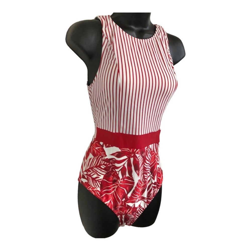 Cupshe red & white striped banded waist red floral open back 1pc swimsuit size M